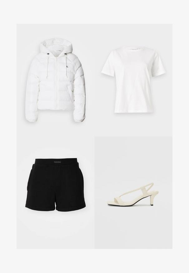 Calvin Klein Jeans - Kurtka zimowa; Biała bawełniana koszulka z krótkim rękawem, okrągłym dekoltem i luźnym krojem. Gładka tekstura, brak wzorów lub dodatków, minimalistyczny design.; Czarne bawełniane szorty z prążkowanym pasem, bocznymi kieszeniami i zaokrąglonym dołem. Logo umieszczone na pasie.; Beżowe sandały na blokowym obcasie z cienkimi ramiączkami i kwadratowym noskiem. Gładki materiał z minimalną ilością detali, zaprojektowane z myślą o łatwym zakładaniu.