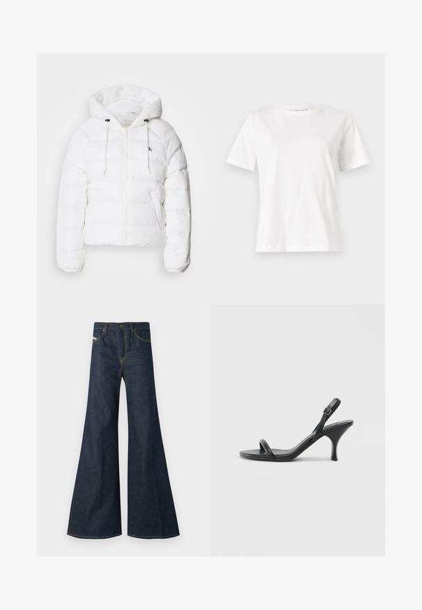 Calvin Klein Jeans LIGHTWEIGHT LOGO PUFFER - Veste d'hiver - snow white; T-shirt en coton blanc à manches courtes, col rond et coupe décontractée. Texture lisse, sans motifs ni accents, design minimaliste.; Jean flare bleu foncé en denim, avec taille haute, accents de surpiqûre dorée, et deux poches avant avec fermeture à bouton.; Sandales à talons hauts en cuir noir avec un talon fin et courbé et un design de brides croisées. Bride de cheville réglable. Texture lisse.