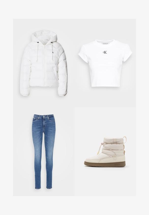 Calvin Klein Jeans LIGHTWEIGHT LOGO PUFFER - Winterjas - snow white; Witte cropped t-shirt gemaakt van ribgebreide stof. Heeft een ronde halslijn en korte mouwen. Zwart geborduurd "cK" logo op de borst.; Skinny jeans in mediumblauwe denim, met een hoge taille, zachte textuur, twee voorzakken en één achterzak.; Beige enkellaars met gewatteerde stof, elastische veters en een rubberen zool. Beschikt over een gewatteerde kraag en een subtiele logo aan de zijkant.