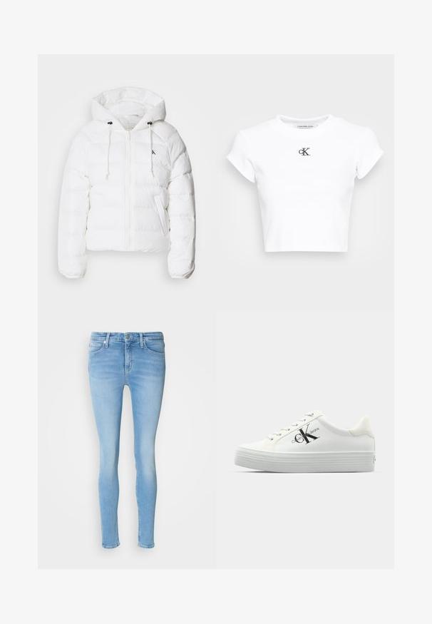 Calvin Klein Jeans LIGHTWEIGHT LOGO PUFFER - Chaqueta de invierno - snow white; Camiseta corta blanca hecha de tela acanalada. Presenta un escote redondo y mangas cortas. Logotipo "cK" bordado en negro en el pecho.; Jeans ajustados de color azul claro hechos de denim con una cintura de altura media, que cuentan con bolsillos frontales, trabillas para cinturón y una textura suave.; Zapatillas blancas de plataforma con parte superior sintética lisa, cordones tonales y un logotipo negro. La suela de goma elevada presenta estrías horizontales para mayor tracción.