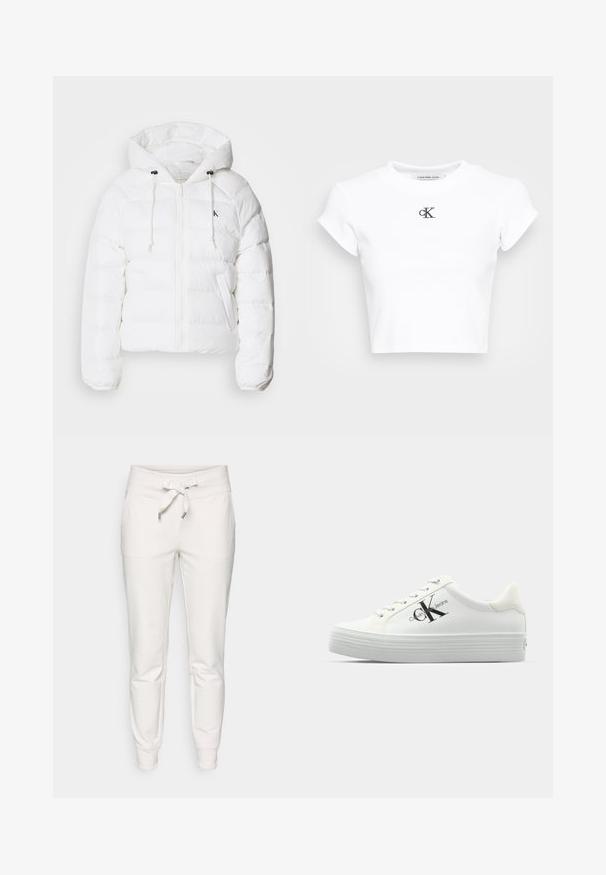 Calvin Klein Jeans - Kurtka zimowa; Biała krótka koszulka z materiału prążkowanego. Posiada okrągły dekolt i krótkie rękawy. Czarne haftowane logo "cK" na piersi.; Białe spodnie dresowe wykonane z miękkiej tkaniny, z elastycznym paskiem na sznurki w talii, mankietami oraz dwiema bocznymi kieszeniami dla wygody.; Białe trampki platformowe z gładką syntetyczną cholewką, tonowymi sznurowadłami i czarnym logo. Wysoka, gumowa podeszwa posiada poziome rowki zapewniające przyczepność.