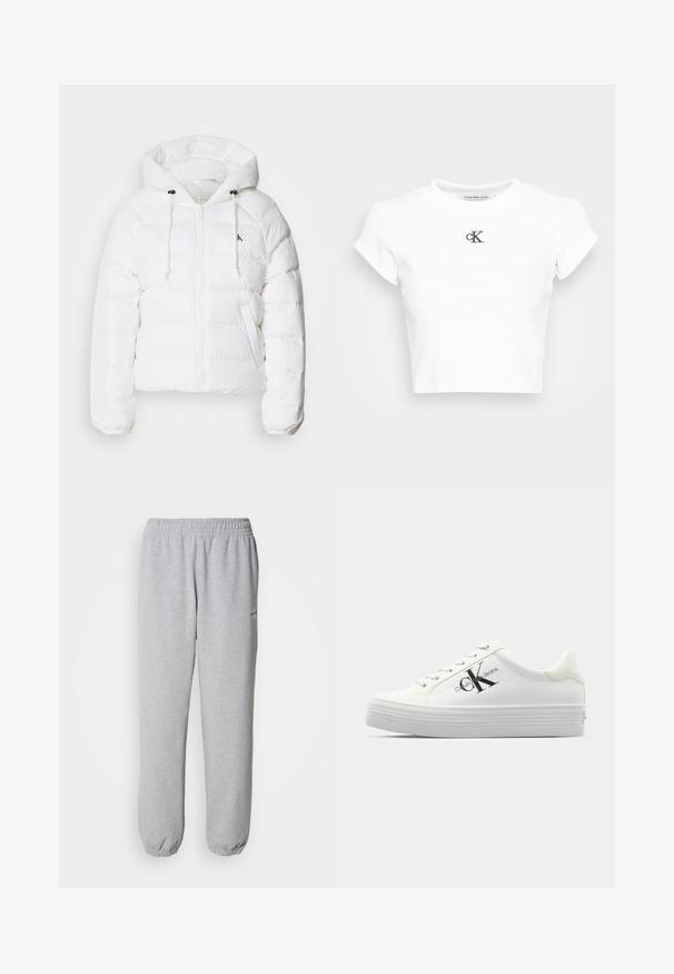 Calvin Klein Jeans LIGHTWEIGHT LOGO PUFFER - Zimska jakna - snow white; Bijela skraćena majica od rebrastog materijala. Ima okrugli izrez i kratke rukave. Crni izvezeni "cK" logo na prsima.; Sive tajice od mekog, teksturiranog materijala. Elastičan pojas i manžetne, s malim logotipom na lijevoj strani.; Bijele platforme tenisice s glatkom sintetičkom gornjom površinom, toniranim vezicama i crnim logotipom. Povišeni gumenik sadrži horizontalne rebraste površine za bolju stabilnost.