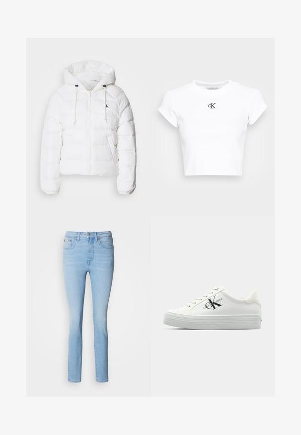 Calvin Klein Jeans LIGHTWEIGHT LOGO PUFFER - Téli dzseki - snow white; Fehér, rövidített póló, bordás anyagból készült. Kerek nyakkivágással és rövid ujjakkal rendelkezik. Fekete hímzett "cK" logó található a mellkasán.; Világoskék farmernadrág, slim fit szabással, öt zsebes dizájnnal, gombos záródással és enyhe kopással. Egyenes szár a bokáknál.; Fehér platform sportcipők sima szintetikus felsőrésszel, tónusos fűzőkkel és fekete logóval. A megemelt gumitalp vízszintes bordákkal rendelkezik a tapadás érdekében.