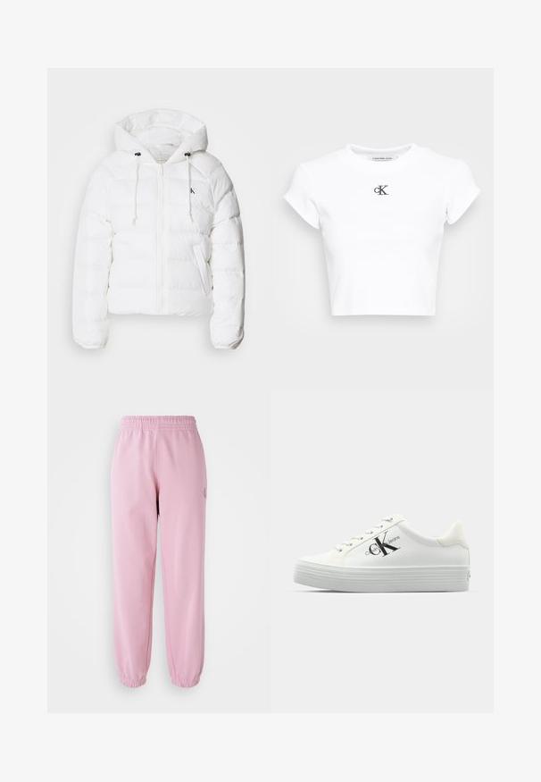 Calvin Klein Jeans LIGHTWEIGHT LOGO PUFFER - Winterjacke - snow white; Weißes, kurzes T-Shirt aus geripptem Material. Mit Rundhalsausschnitt und kurzen Ärmeln. Schwarzes, gesticktes "cK"-Logo auf der Brust.; Rosa Jogginghose mit elastischem Bund und gesammelten Bündchen. Hergestellt aus weichem Stoff, mit einem kleinen Logodetail auf der Vorderseite.; Weiße Plateausneaker mit glattem, synthetischem Obermaterial, einfarbigen Schnürsenkeln und einem schwarzen Logo. Die erhöhte Gummisohle verfügt über horizontale Rillen für besseren Halt.