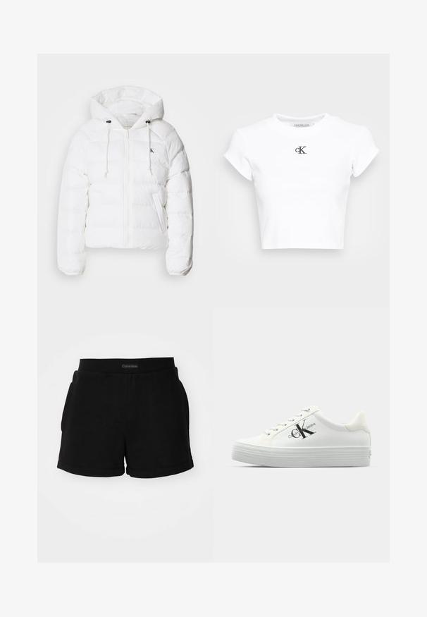 Calvin Klein Jeans LIGHTWEIGHT LOGO PUFFER - Zimska jakna - snow white; Bijela skraćena majica od rebrastog materijala. Ima okrugli izrez i kratke rukave. Crni izvezeni "cK" logo na prsima.; Crne pamučne kratke hlače s rebrastim pojasom, bočnim džepovima i zaobljenim rubom. Logo prikazan na pojasu.; Bijele platforme tenisice s glatkom sintetičkom gornjom površinom, toniranim vezicama i crnim logotipom. Povišeni gumenik sadrži horizontalne rebraste površine za bolju stabilnost.