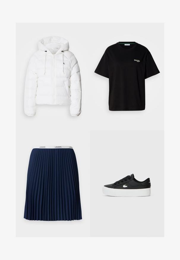 Calvin Klein Jeans LIGHTWEIGHT LOGO PUFFER - Casaco de inverno - snow white; T-shirt preta de algodão com mangas curtas, apresentando um pequeno logótipo verde no lado esquerdo do peito. Decote redondo clássico, ajuste descontraído.; Saia plissada azul-marinho com um design texturizado, cintura elástica com a marca "LACOSTE" e tecido suave.; Sapatilha preta de cano baixo feita de material sintético, com sola de borracha branca, atacadores pretos e um pequeno logótipo branco na lateral.