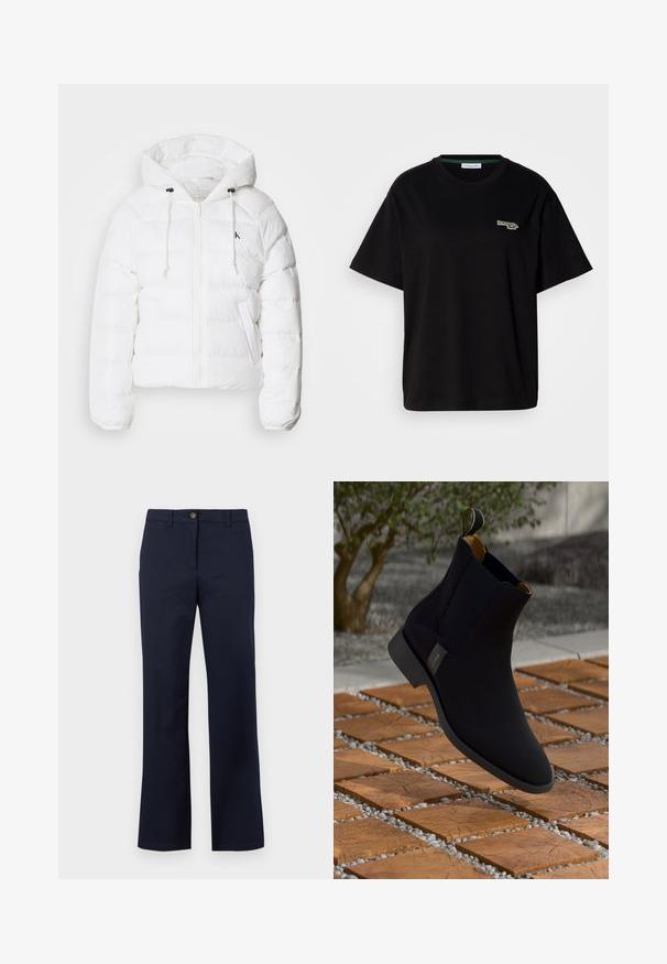 Calvin Klein Jeans LIGHTWEIGHT LOGO PUFFER - Casaco de inverno - snow white; T-shirt preta de algodão com mangas curtas, apresentando um pequeno logótipo verde no lado esquerdo do peito. Decote redondo clássico, ajuste descontraído.; Calças azul marinho feitas de tecido liso. Apresentam um design de perna reta, fecho de botão e detalhes de costura mínimos.; Botim de tornozelo em couro preto com um acabamento suave, forro amarelo e uma alça para puxar; colocado sobre uma superfície texturizada de madeira e cascalho.