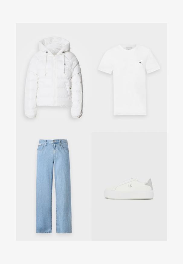 Calvin Klein Jeans LIGHTWEIGHT LOGO PUFFER - Zimska jakna - snow white; Bela bombažna majica s kratkimi rokavi in okroglim izrezom. Na levi strani prsnega koša je majhna črna "ck" ikona. Gladka tekstura.; Svijetloplave široke traperice s srednjim strukom, metalnim gumbom i pet džepova s vidljivim šavovima.; Bele platnene superge z debelim belim podplatom, ki imajo kovinsko srebrno obrobo na peti in subtilen logotip na strani.