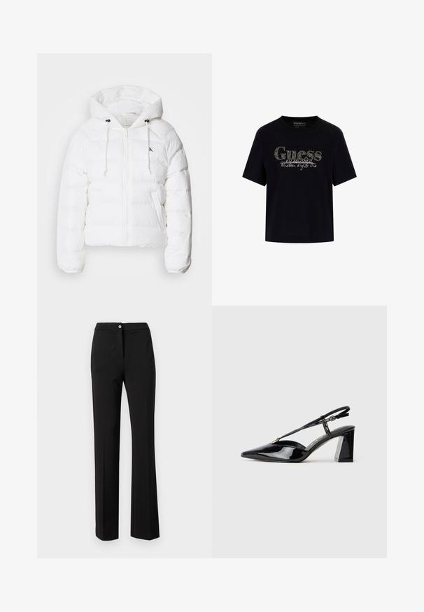 Calvin Klein Jeans LIGHTWEIGHT LOGO PUFFER - Žieminė striukė - snow white; Juodas medvilninis marškinėliai su apvaliu kaklu ir trumpomis rankovėmis. Pridėtas blizgus "Guess" logotipas ir tekstas "Įsteigta 1981 metais".; Juodi kelnių, pagamintų iš lygaus audinio, su tiesiu kirpimu, paslėptu uždarymu ir vienu mygtuko akcentu juosmens srityje.; Juodos lakinės odos aukštakulnės basutės su smailiu pirštu, reguliuojama juosta ir storu stačiakampiu kulnu.