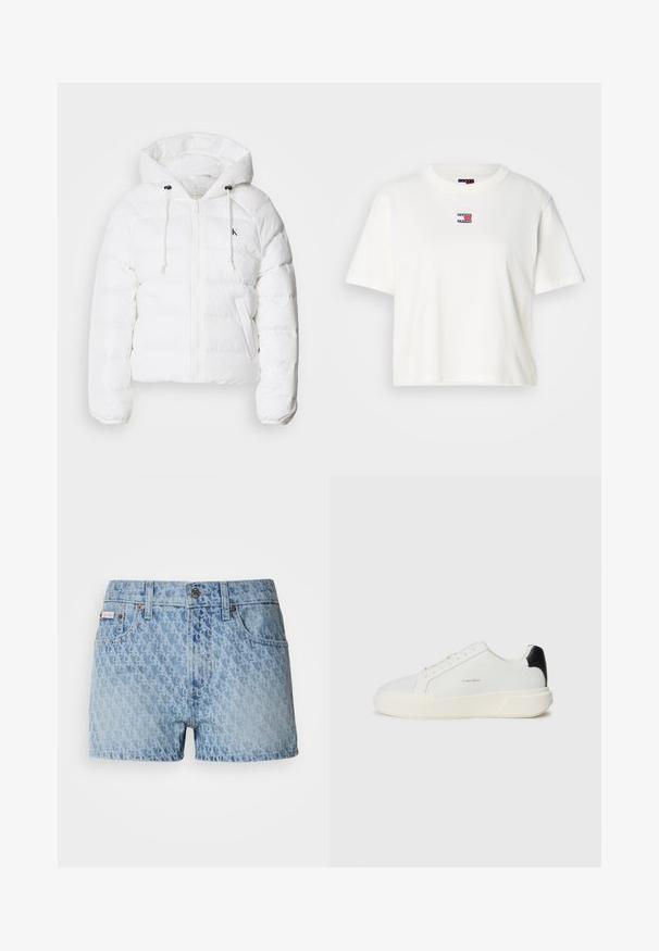 Calvin Klein Jeans LIGHTWEIGHT LOGO PUFFER - Casaco de inverno - snow white; Camiseta branca em algodão com decote redondo e mangas curtas. Apresenta um pequeno emblema em cor com detalhes em vermelho, azul e branco no peito.; Calções de ganga em azul claro com um padrão texturizado e repetido. Apresenta um fecho de botão e um rótulo de marca vermelho na pocket esquerda.; Sapatilha branca com parte superior em couro liso, biqueira redonda, fecho de atacadores e um contraste no calcanhar em preto. Apresenta uma sola de borracha texturizada.