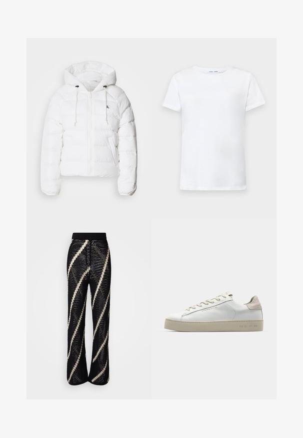 Calvin Klein Jeans LIGHTWEIGHT LOGO PUFFER - Casaco de inverno - snow white; T-shirt branca de manga curta feita de algodão com um design de gola redonda. Textura suave e corte reto, sem padrões ou acentos.; Calças de malha pretas com um design de perna larga, apresentando riscas brancas diagonais e ousadas. Cintura elástica e tecido texturizado.; Sapatilha de couro branca com um acabamento suave, detalhes em camurça bege, bico redondo, design de atacador plano e sola de borracha texturizada.