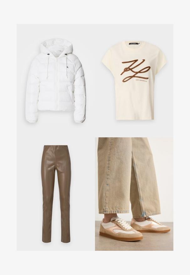 Calvin Klein Jeans LIGHTWEIGHT LOGO PUFFER - Zimná bunda - snow white; Krémové bavlnené tričko s krátkymi rukávmi, na prednej strane s hnedou vyšitou šedou nášivkou a nápisom.; Hnedé nohavice z umelej kože s hladkým, lesklým povrchom. Majú vysoký pás a rovné nohy, s minimálnymi švovými detailmi.; Hnedé a krémové tenisky so semišovým a sieťovaným dizajnom, s viazaním na šnúrky a gumenými podrážkami, skombinované s hnedými širokými nohavicami.
