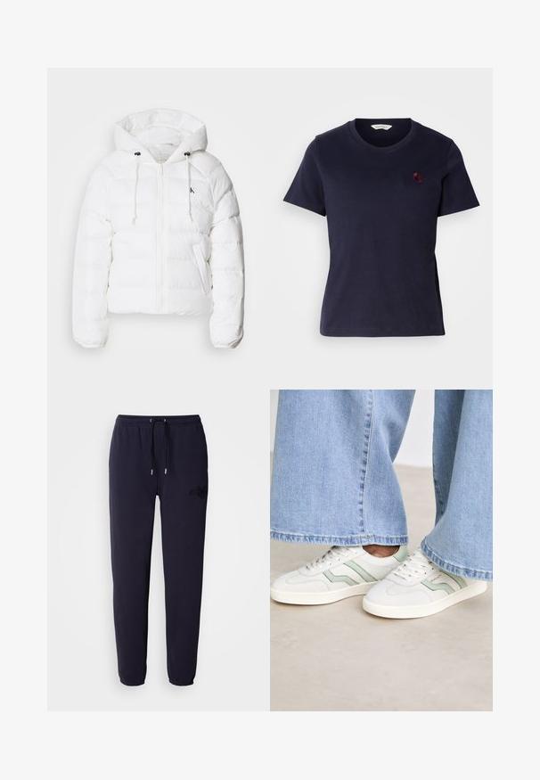 Calvin Klein Jeans LIGHTWEIGHT LOGO PUFFER - Vinterjakke - snow white; Mørkeblå bomulls T-skjorte med v-hals, korte ermer og en liten burgunderbrodert logo på brystet. Myk tekstur.; Navy blå joggebukser laget av mykt stoff, med en elastisk midje og snor, og en brodert logo på det ene benet.; Hvite sneakers med lysegrønne detaljer, teksturert lær og flate gummisåler. Kombinert med vide denimbukser.