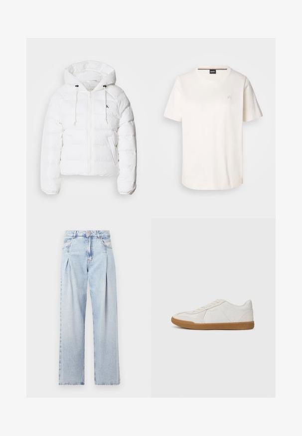 Calvin Klein Jeans LIGHTWEIGHT LOGO PUFFER - Talvitakki - snow white; Valkoinen puuvillainen t-paita, jossa on lyhyet hihat, pyöreä kaula-aukko ja pieni logo rinnassa. Sileä pinta ja suora helma.; Vaaleansiniset farkut, joissa on korkea vyötärö, leveälahkeinen leikkaus, kaksi sivutaskua ja pleatattu muotoilu. Pehmeä rakenne, jossa on haalistunut viimeistely.; Valkoiset lenkkarit, joissa on teksturoitu nahkavarsi ja kuminen pohja. Ominaisuuksiin kuuluvat nauhakiinnitys ja huomaamaton brändidetali sivulla.