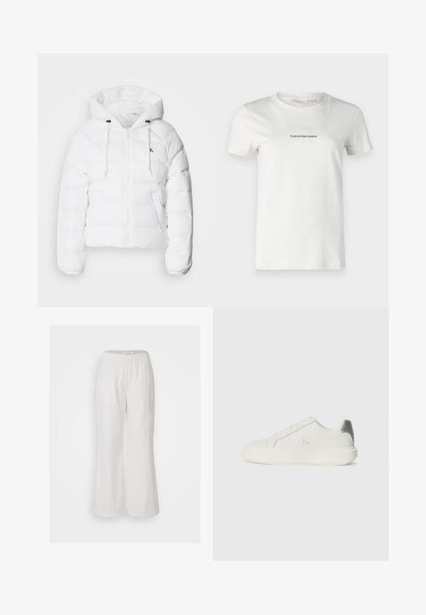 Calvin Klein Jeans - Kurtka zimowa; Biała bawełniana koszulka z krótkim rękawem, okrągłym dekoltem, z małym, haftowanym logo "Calvin Klein Jeans" w ciemnym brązie. Prosty design.; Białe spodnie szerokie, wykonane z lekkiego materiału. Posiadają elastyczny pas i boczną kieszeń, o gładkiej fakturze. Casulowy styl.; Biała sneakersy wykonane ze skóry o gładkiej fakturze, z metalicznym akcentem na pięcie, płaską podeszwą i minimalistycznym designem.