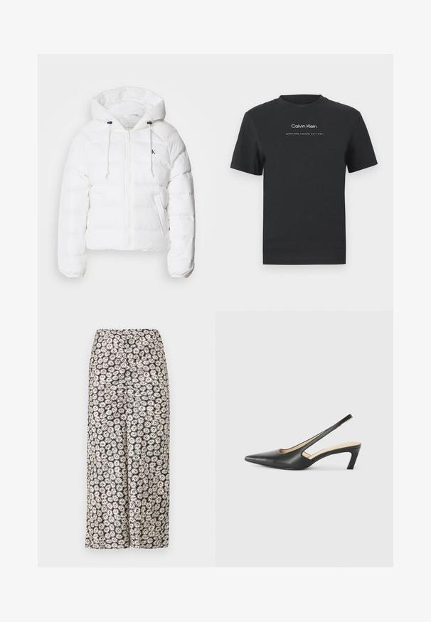 Calvin Klein Jeans LIGHTWEIGHT LOGO PUFFER - Talvitakki - snow white; Musta puuvillainen T-paita, jossa on pyöreä pääntie, lyhyet hihat ja valkoinen painettu "Calvin Klein" -logo sekä "Established 1968" -teksti.; Kukalliset leveälahkeiset housut, joissa on musta tausta valkoisilla päivänkakkaroilla ja punaisilla yksityiskohdilla, valmistettu kevyestä kankaasta, joka on sileä tuntuma.; Musta, kärjeltään terävä slingback-kengä, jossa on matala korko. Kengässä on sileä nahkamateriaali ja sivuilla leikkaukset hengittävyyttä varten.