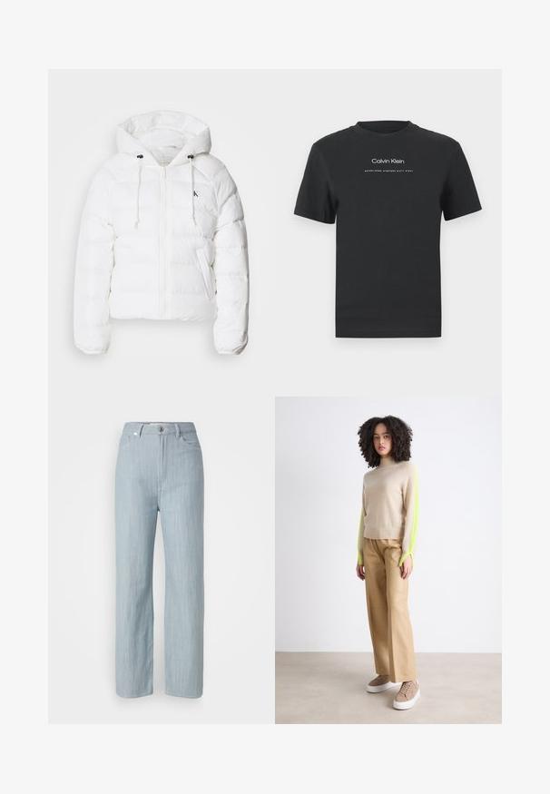 Calvin Klein Jeans LIGHTWEIGHT LOGO PUFFER - Casaco de inverno - snow white; T-shirt de algodão preto com decote redondo, mangas curtas e logotipo "Calvin Klein" impresso em branco, acompanhado do texto "Established 1968".; Calças de ganga azul-claro de perna reta. Apresentam cinco bolsos, fecho com botão metálico e um leve efeito de desgaste para adicionar textura.; Suéter bege com mangas verdes néon, combinado com calças largas bege e ténis castanhos claros, em um fundo neutro.