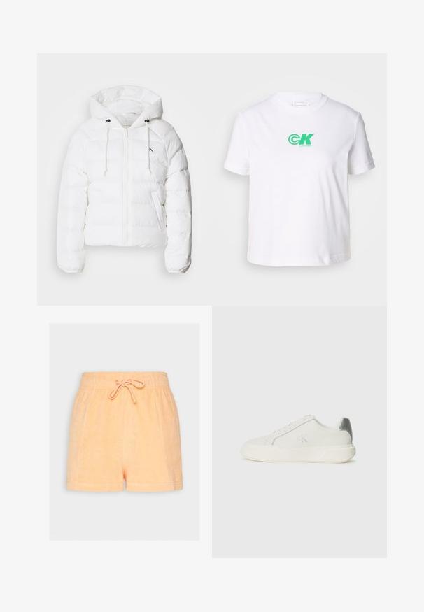 Calvin Klein Jeans LIGHTWEIGHT LOGO PUFFER - Zimní bunda - snow white; Bílý bavlněný tričko s kulatým výstřihem a krátkými rukávy, s zeleným logem Calvin Klein na přední straně. Klasický, rovný střih.; Shorts z froté materiálu v broskvové barvě s elastickým pasem a šňůrkou. Mají měkkou texturu a uvolněný střih.; Bílé tenisky vyrobené z kůže s hladkým povrchem, s stříbrným akcentem na patě, plochou podešví a minimalistickým designem.