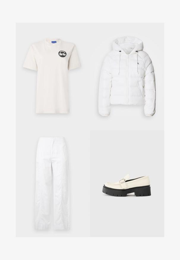 Calvin Klein Jeans LIGHTWEIGHT LOGO PUFFER - Talvejope - snow white; Valge puuvillane T-särk ümmarguse kaelusega, mille vasakul rinnal on must ringikujuline graafika lilledega. Lühikesed varrukad, mugav lõike.; Valged laiad püksid, mis on valmistatud kergetest materjalidest, omades siledat tekstuuri, puhtaid jooni ja kõrget vöökohta.; Valge nahast loafer, millel on massiivne must platvormi tald, neljakandiline hõbedane pandla ja nähtavalt õmblusdetail ülaserval.