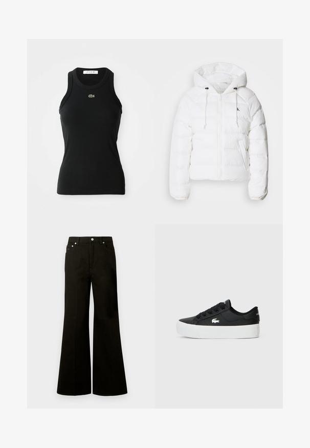 Calvin Klein Jeans LIGHTWEIGHT LOGO PUFFER - Winterjas - snow white; Zwart mouwloos geribbeld tanktop met een ronde hals en een klein groen Lacoste krokodillenlogo gecentreerd onder de halslijn.; Zwarte high-waist wijde jeans met knopen en ritssluiting aan de voorkant, riemlussen en vijf zakken, waaronder een klein muntzakje.; Zwarte lage sneaker gemaakt van synthetisch materiaal, met een witte rubberen zool, zwarte veters en een klein wit logo aan de zijkant.