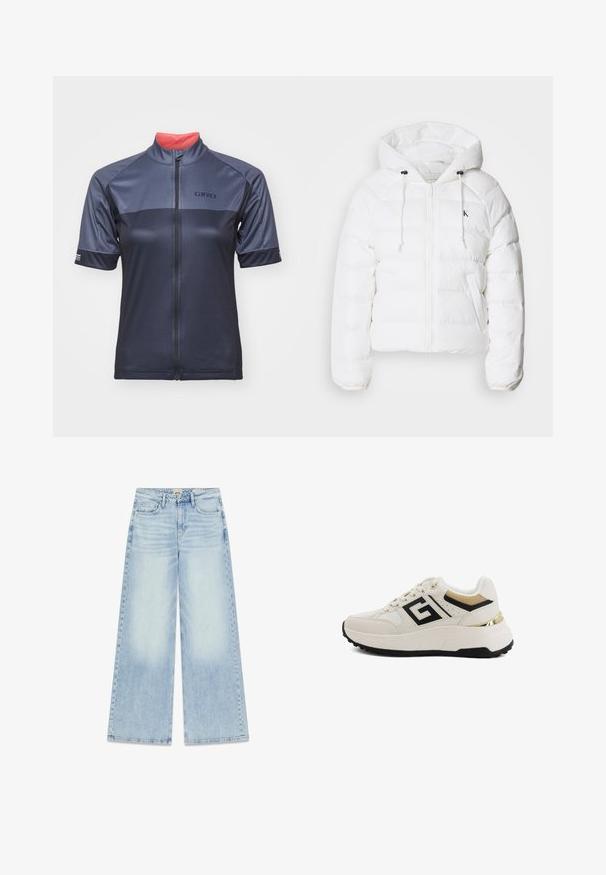 Calvin Klein Jeans LIGHTWEIGHT LOGO PUFFER - Giacca invernale - snow white; Maglia da ciclismo da uomo in navy scuro, con maniche corte, zip frontale completa e colletto interno in corallo a contrasto. Logo del marchio sul petto.; Jeans a gamba larga in denim azzurro chiaro con vita alta. Presentano cinque tasche, dettagli cuciti e una texture scolorita.; Scarpe da ginnastica beige con una parte superiore testurizzata, accenti neri, dettagli dorati sul tallone e una suola nera spessa. Presenta un logo sul lato.