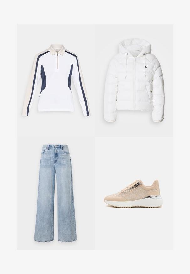 Calvin Klein Jeans LIGHTWEIGHT LOGO PUFFER - Téli dzseki - snow white; Hosszú ujjú pólóing fehér alapszímmel, sötétkék oldal részletekkel és világos bézs vállakkal. Cipzáras gallérral rendelkezik, amely állítható viseletet biztosít.; Világoskék, bő szárú farmernadrág, pöttyös mintával az anyagon, magas derékkal és klasszikus öt zsebes kialakítással.; Nude színű, szintetikus felsőrésszel készült sportcipők, texturált mintázattal, oldalsó cipzáras részlettel, valamint ezüst kiegészítőkkel a sarkon és a talpon.