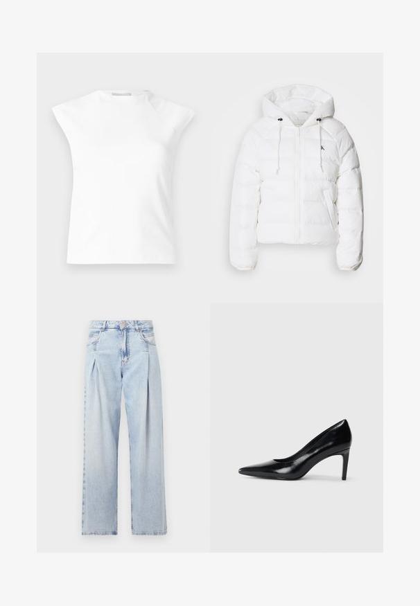 Calvin Klein Jeans LIGHTWEIGHT LOGO PUFFER - Zimná bunda - snow white; Biely top bez rukávov s vysokým výstrihom a vystuženými ramenami, ktorý má hladkú textúru a minimalistický dizajn. Žiadne viditeľné zapínanie.; Svetlomodré džínsy s vysokým pásom, širším strihom po celej dĺžke, dvoma bočnými vreckami a skladaným dizajnom. Mäkka textúra s vyblednutým vzhľadom.; Čierna kožená vysoká topánka s ihlovým podpätkom a špičatou špicou, hladkou textúrou a zúženým podpätkom. Minimalistický dizajn, bez ďalších ozdôb.