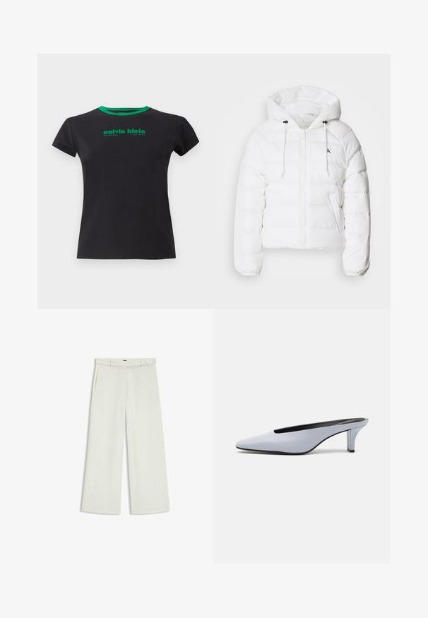 Calvin Klein Jeans LIGHTWEIGHT LOGO PUFFER - Winter jacket - snow white; Black cotton t-shirt with short sleeves and a round green neckline. Features green printed text: "calvin klein, West 29th Street, New York City."; Wide-leg pants in light cream fabric, featuring side pockets, a flat front, and a single button closure at the waist. Smooth texture.; Light blue patent leather mule with a pointed toe, low transparent heel, and a sleek design featuring a cut-out at the vamp.