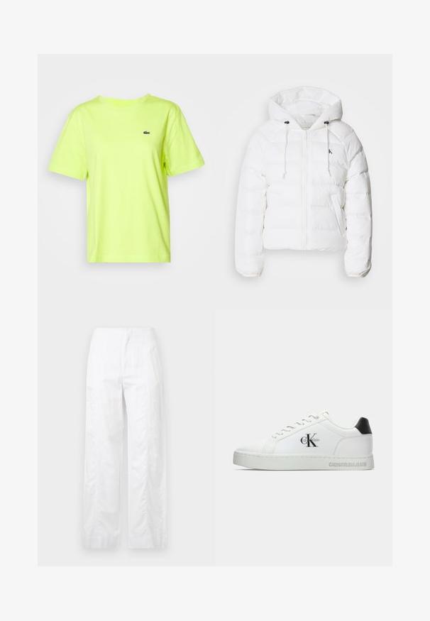 Calvin Klein Jeans LIGHTWEIGHT LOGO PUFFER - Jachetă de iarnă - snow white; Lacoste Tricou basic - firefly; Pantaloni albi cu croială largă, fabricați dintr-un material ușor, având o textură netedă, linii curate și un design cu talie înaltă.; Adidași din piele albă cu vârful rotund, talpă plată și accent negru la călcâi. Au logo-ul Calvin Klein în negru pe lateral și numele brandului embossat.