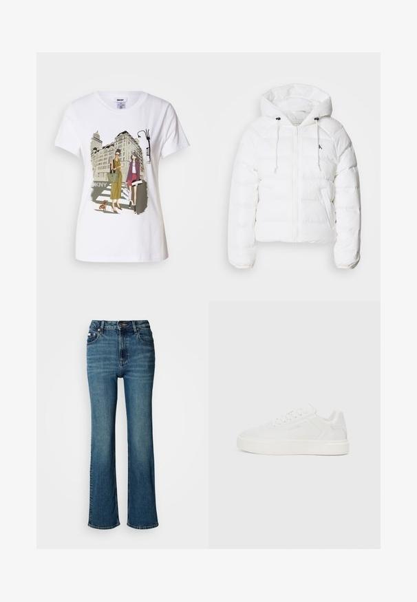 Calvin Klein Jeans LIGHTWEIGHT LOGO PUFFER - Vinterjacka - snow white; Vitt bomulls-T-shirt med en tryckt illustration av två kvinnor i urbana mode stilar med en hund på ett övergångsställe och stadens byggnader.; Högmidjade blå jeans i denim, med raka ben, subtil blekning och standardknapp- samt dragkedjestängning.; Vita låga sneakers med platt sula, slät syntetisk ovandel, rund tå och tonad sömnad. Har snörning och sidologga.