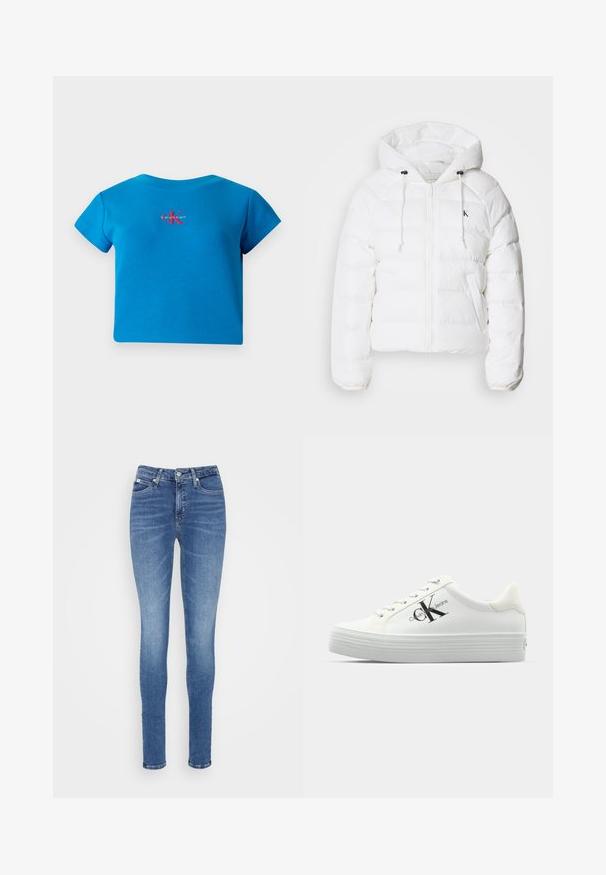 Calvin Klein Jeans LIGHTWEIGHT LOGO PUFFER - Zimska jakna - snow white; Modra ženska kratka majica z rebrastim vzorcem in okroglim izrezom, na prsih z rdečo in belo logotipom "Calvin Klein".; Tanek jeans v srednji modri denimu, s poudarjeno višjo pasom, gladko teksturo, dvema sprednjima žepoma in enim zadnjim žepom.; Bele platform superge z gladkim umetnim zgornjim delom, toniranimi vezalkami in črnim logotipom. Dvignjen gumijast podplat ima vodoravne utore za oprijem.