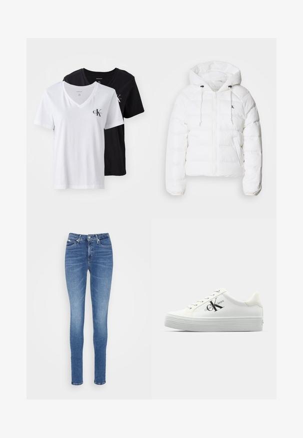 Calvin Klein Jeans LIGHTWEIGHT LOGO PUFFER - Winter jacket - snow white; Two v-neck t-shirts: one white, one black. Both are cotton, with short sleeves and a small logo on the left chest. Simple design.; Skinny jeans in medium blue denim, featuring a high waist, smooth texture, two front pockets, and a single back pocket.; White platform sneakers with smooth synthetic upper, tonal laces, and a black logo. The raised rubber sole features horizontal ridges for traction.