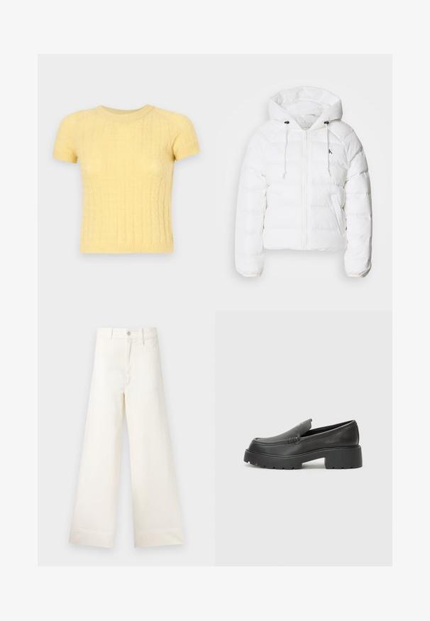Calvin Klein Jeans LIGHTWEIGHT LOGO PUFFER - Winterjas - snow white; Korte mouwen gele gebreide trui met een textuurpatroon en een ronde halslijn. Gemaakt van zachte, lichte materialen.; Bredere broek van lichtbeige katoen. Heeft een hoge taille, voorzakken en een rechte snit. Schoon afgewerkte zoom zonder patronen.; Zwarte leren instappers met een ronde neus, dikke getextureerde zool en minimale stikseldetails. Strak ontwerp zonder zichtbare veters of hardware.