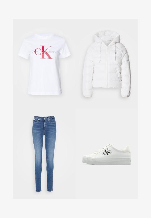 Calvin Klein Jeans LIGHTWEIGHT LOGO PUFFER - Chaqueta de invierno - snow white; Camiseta de algodón blanca con un gran logo "CK" en rojo y gris, con el texto "Calvin Klein Jeans" debajo, mangas cortas y cuello redondo.; Jeans ajustados de mezclilla azul medio, con cintura alta, textura suave, dos bolsillos frontales y un solo bolsillo trasero.; Zapatillas blancas de plataforma con parte superior sintética lisa, cordones tonales y un logotipo negro. La suela de goma elevada presenta estrías horizontales para mayor tracción.
