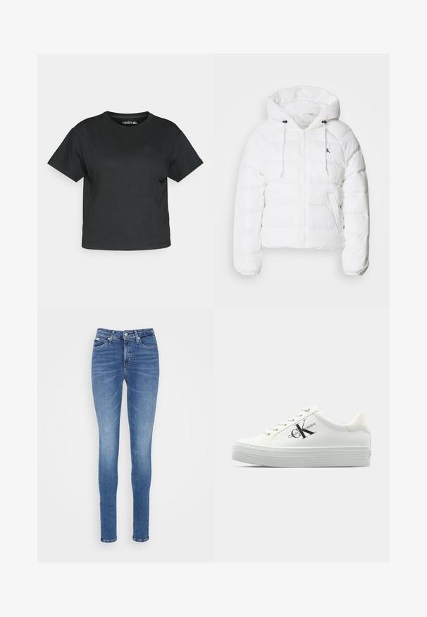 Calvin Klein Jeans LIGHTWEIGHT LOGO PUFFER - Téli dzseki - snow white; Fekete rövidujjú, crop fazonú póló, puha anyagból készült. Kerek nyakkivágás, diszkrét logóval elöl. Egyenes alsó szegély, minimalista dizájn.; Közepes kék farmer skinny jeans, magas derékkal, sima textúrával, két elülső zsebbel és egy hátsó zsebbel.; Fehér platform sportcipők sima szintetikus felsőrésszel, tónusos fűzőkkel és fekete logóval. A megemelt gumitalp vízszintes bordákkal rendelkezik a tapadás érdekében.