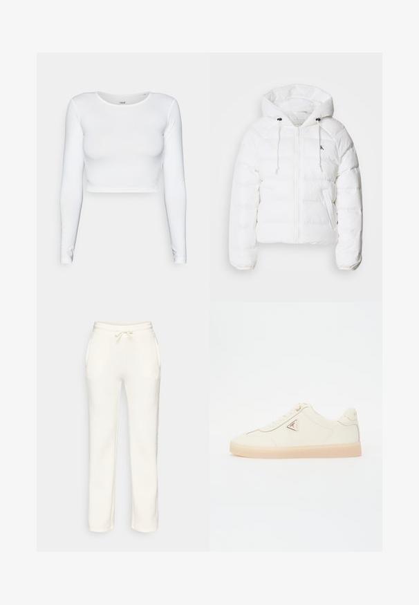 Calvin Klein Jeans LIGHTWEIGHT LOGO PUFFER - Chaqueta de invierno - snow white; Top corto blanco de manga larga fabricado con un material suave y elástico, que presenta un escote redondo y una silueta ajustada. Diseño minimalista.; Pantalones de chándal blancos con cintura elástica, cordón y bolsillos laterales, mostrados contra un fondo liso.; Zapatilla de cuero color crema con puntera redondeada, suela plana, costuras tonales, cierre de cordones y un acento de logo en el lateral.