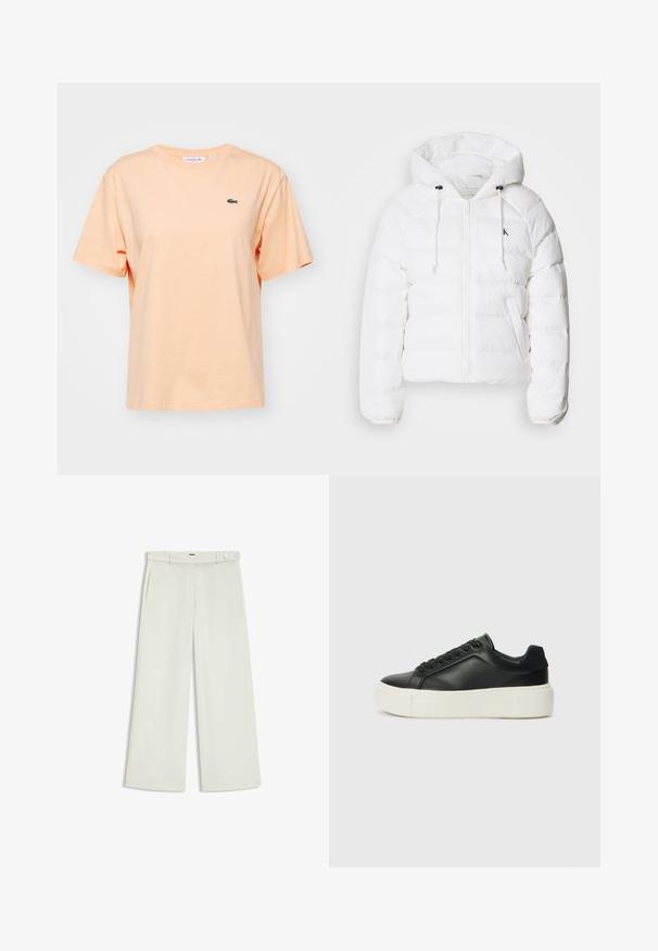Calvin Klein Jeans LIGHTWEIGHT LOGO PUFFER - Vinterjakker - snow white; Ferskenfarvet bomulds T-shirt med korte ærmer og rund halsudskæring. Har et lille grønt Lacoste krokodillelogo på brystet.; Bredde bukser i lys cremefarvet stof, med sidelommer, flad front og en enkelt knaplukning i taljen. Glat tekstur.; Sort lædersneaker med rund tå, hvid platformssål og sorte snørebånd. Har et diskret logo på hælen og en glat overflade.