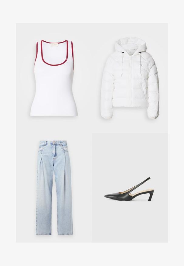 Calvin Klein Jeans - Kurtka zimowa; Biały dopasowany top na ramiączkach wykonany z prążkowanej tkaniny, z okrągłym dekoltem i czerwonymi akcentami na brzegach. Zawiera detale logo Calvin Klein.; Jasnoniebieskie dżinsy z wysokim stanem, szerokimi nogawkami, dwoma bocznymi kieszeniami oraz plisowanym wzorem. Miękka tekstura z wyblakłym wykończeniem.; Czarny but na obcasie typu slingback z ostro zakończonym noskiem, z niskim obcasem, wykonany z gładkiej skóry, z wycięciem po boku dla lepszej wentylacji.