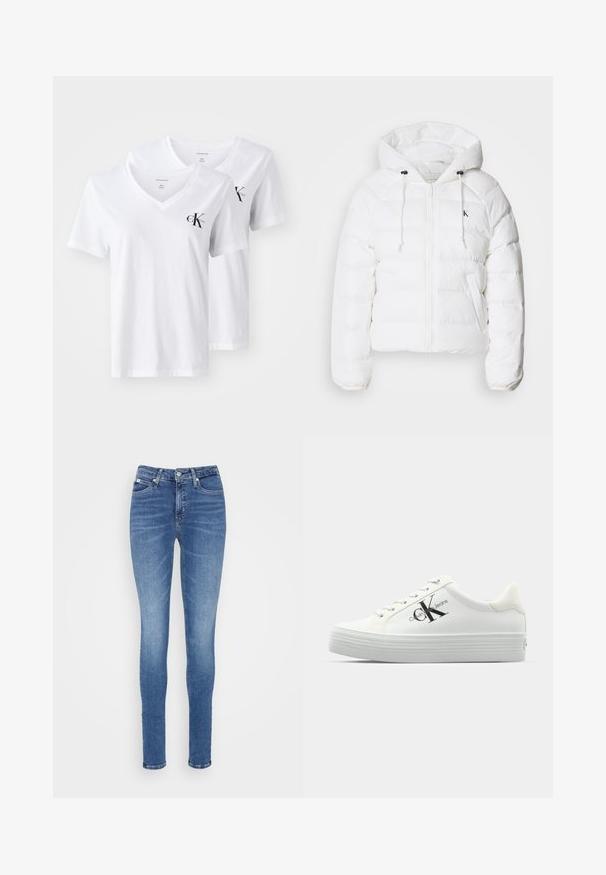 Calvin Klein Jeans LIGHTWEIGHT LOGO PUFFER - Zimní bunda - snow white; Dvé bílé bavlněné trička s hlubokým výstřihem ve tvaru V, s krátkými rukávy a malým černým logem 'Calvin Klein' na levé hrudi.; Úzké džíny ze středně modrého denimu, s vysokým pasem, hladkým povrchem, dvěma předními kapsami a jednou zadní kapsou.; Bílé platformové tenisky s hladkým syntetickým svrškem, tónovanými tkaničkami a černým logem. Zvýšená gumová podrážka má vodorovné drážky pro lepší trakci.