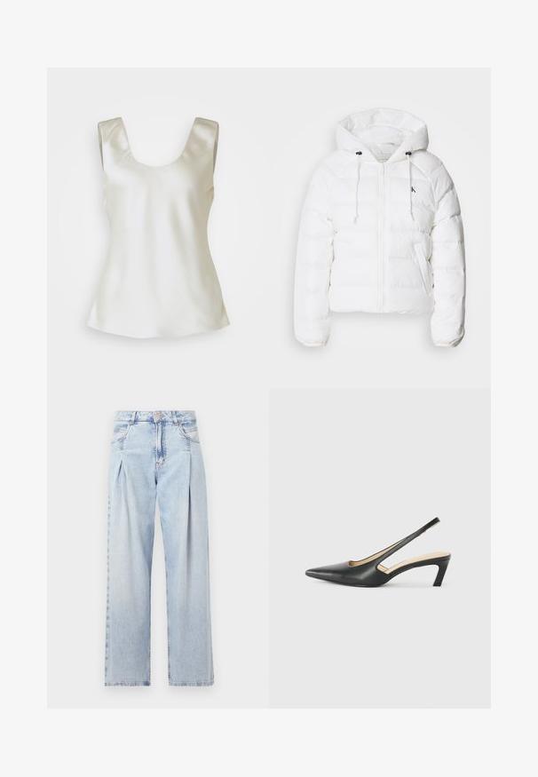 Calvin Klein Jeans LIGHTWEIGHT LOGO PUFFER - Talvejope - snow white; Satiinvalge sansääreline top, ümarate kraede ja sileda tekstuuriga, veidi laieneva alläärega, et tagada mugav istuvus.; Heledad sinise denimist valmistatud teksapüksid kõrge vöökohaga, laia jala lõikega, kahe külje taskuga ja pleedi disainiga. Pehme tekstuur ja pleekinud viimistlus.; Must mustaga, terav varvas, madala kontsaga sildiga king, mis on valmistatud siledast nahast ja mille küljel on lõike disain hingavuse tagamiseks.