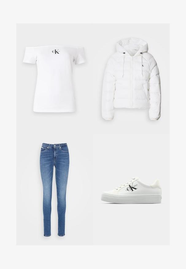Calvin Klein Jeans LIGHTWEIGHT LOGO PUFFER - Giacca invernale - snow white; T-shirt bianca scollata sulle spalle, maniche corte, materiale cotone, con logo "CK" nero e testo stampato sul davanti. Texture liscia.; Jeans skinny in denim blu medio, con vita alta, trama liscia, due tasche frontali e una tasca posteriore.; Sneakers platform bianchi con tomaia in sintetico liscio, lacci tono su tono e logo nero. La suola in gomma rialzata presenta scanalature orizzontali per aderenza.