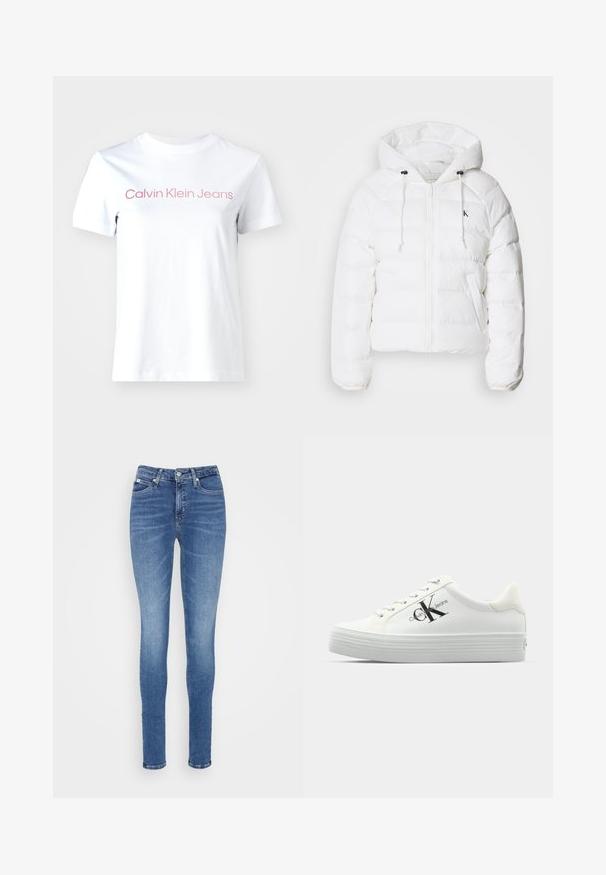 Calvin Klein Jeans LIGHTWEIGHT LOGO PUFFER - Vinterjakke - snow white; Hvit bomulls t-skjorte med teksten "Calvin Klein Jeans" i lys rosa over brystet. Korte ermer og rund hals.; Smaljeans i medium blå denim, med høyt liv, glatt tekstur, to frontlommer og en enkelt baklomme.; Hvite plattform-sneakers med glatt syntetisk overdel, tonale lisser og en svart logo. Den hevede gummisålen har horisontale riller for bedre grep.
