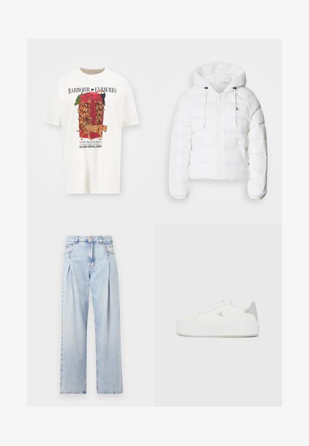 Calvin Klein Jeans LIGHTWEIGHT LOGO PUFFER - Jachetă de iarnă - snow white; Tricou alb din bumbac, cu un grafic colorat al unei cabine telefonice roșii, înconjurată de frunze tropicale, un leopard și papagali.; Jeans din denim albastru deschis cu talie înaltă, croială evazată, două buzunare laterale și un design pliat. Textură moale cu un finisaj decolorat.; Tenisi albi din pânză cu o talpă albă groasă, având un accent metalic argintiu pe toc și un detaliu subtil al logo-ului pe lateral.