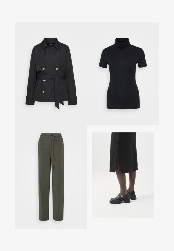 Crni trench kaput od glatkog materijala, s dvostrukim kopčanjem sprijeda, zlatnim dugmadima, pojasom u struku i oštrim ovratnikom.; Crna rebrasta majica s visokim ovratnikom, kratki rukavi, oblikovani kroj, mekana tekstura, minimalni šavovi.; Zelene široke hlače od laganog materijala s pojasom u struku, prednjim džepovima i glatkom teksturom.; Crne kožne cipele s zaobljenim vrhom, debelim blok petama i elastičnim bočnim detaljima, uparene s tamnim čarapama i crnom suknjom s prorezom.