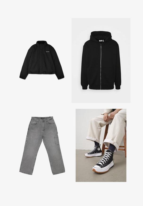 Musthave mustrindade jakk, millel on kõrge krae, tõmblukuga küljetaskud ja rinnal brändilogo. Sujuv viimistlus, lühendatud disain.; Must päheline must sportjack, millel on nööriga kapuuts, esi-taskud, soonikkoes varrukad ja sile kangastekstuur. Keskne brändimärgis on nähtav seest.; Valge puuvillane t-särk lühikeste varrukatega, ümmarguse kaelusega, lõdva lõikega ja ilma nähtavate logodeta või mustriteta. Sile tekstuur ja minimaalne disain.; Hallid denim püksid lõdva lõikega, millel on esine nup closure, mitu taskut ja kerge kulunud tekstuur.; Korkealaskelised mustad spordijalatsid valgete nööride ja kummist varvasetootega. Paks valge tald tekstureeritud pruuni alusega, kantud tumesiniste triibuliste sokkidega.
