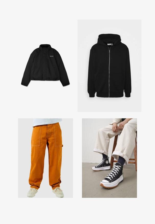 Crna podstavljena jakna s visokim ovratnikom, bočnim džepovima na zip, i brendiranim logotipom na prsima. Glatka završna obrada, skraćeni dizajn.; Crna zip-up majica s kapuljačom na vezanje, prednjim džepovima, rebrastim manžetama i glatkom teksturom tkanine. Središnja oznaka brenda vidljiva iznutra.; Bijela pamučna majica s kratkim rukavima, zaobljenim izrezom, opuštenog kroja, bez vidljivih logotipa ili uzoraka. Glatka tekstura i minimalni dizajn.; Narančaste cargo hlače s ležernim krojem, s više džepova i kontrastnim šavovima. Učinjene s bijelim tenisicama.; Visoke crne tenisice s bijelim vezicama i gumenenim vrhom. Debeli bijeli đon s teksturiranim smeškim potplatom, nošene s čarapama plave boje s prugama.