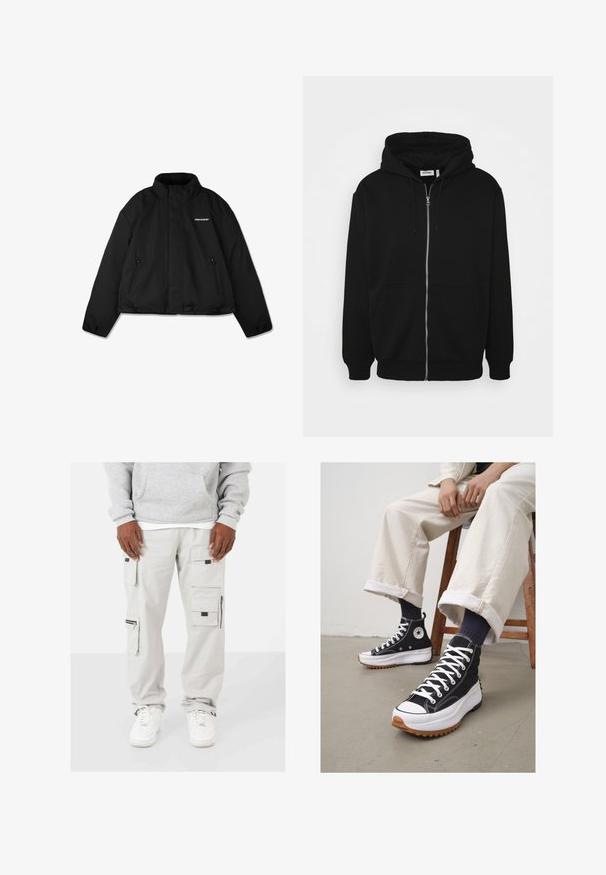 Czarna ocieplana kurtka z wysokim kołnierzem, zapinanymi na zamek kieszeniami bocznymi oraz logiem marki na piersi. Gładkie wykończenie, krótki fason.; Czarna bluza z zamkiem błyskawicznym, ze sznurkiem w kapturze, przednimi kieszeniami, ściągaczami na mankietach oraz gładką fakturą materiału. Wewnętrzna etykieta z logo znajduje się na środku.; Biała bawełniana koszulka z krótkimi rękawami, okrągłym dekoltem, luźnym krojem i bez widocznych logo lub wzorów. Gładka tekstura i minimalistyczny design.; Jasnoszare spodnie cargo z bawełny, z wieloma przednimi i bocznymi kieszeniami, z czarnymi akcentami oraz zamykaną na zamek kieszenią z boku.; Czarne sneakersy typu high-top z białymi sznurówkami i gumowym noskiem. Gruba biała podeszwa z teksturowaną brązową podeszwą zewnętrzną, noszone z pasiastymi skarpetami w kolorze granatowym.