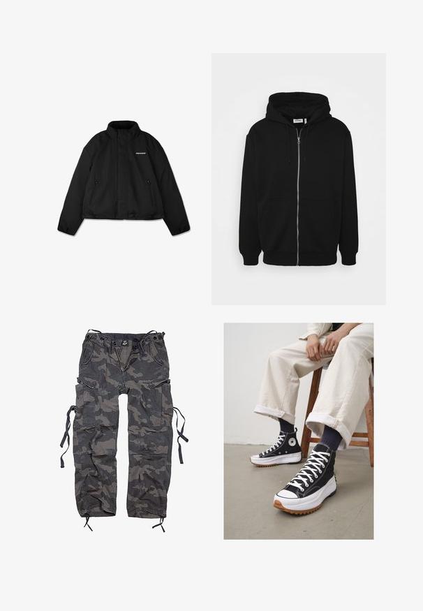Fekete párnázott dzseki magas gallérral, cipzáras oldalzsebekkel és logóval a mellkason. Simafelszínű, rövidített fazon.; Fekete cipzáras kapucnis pulóver húzózsinórral, elülső zsebekkel, bordázott mandzsettákkal és sima anyagtextúrával. Középső márkázási címke látható belül.; Fehér pamut póló rövid ujjal, kerek nyakú, laza szabású, és nincsenek látható logók vagy minták. Simább textúra és minimalista dizájn.; Szürke és fekete árnyalatokban kapható katonai cargo nadrág, enyhén texturált felületű anyagból készült. Több zsebbel és a szegélyen megkötőkkel rendelkezik.; Fekete magas szárú tornacipő fehér fűzővel és gumi orral. Vastag fehér talp, texturált barna talppal, tengerészkék csíkos zoknival viselve.