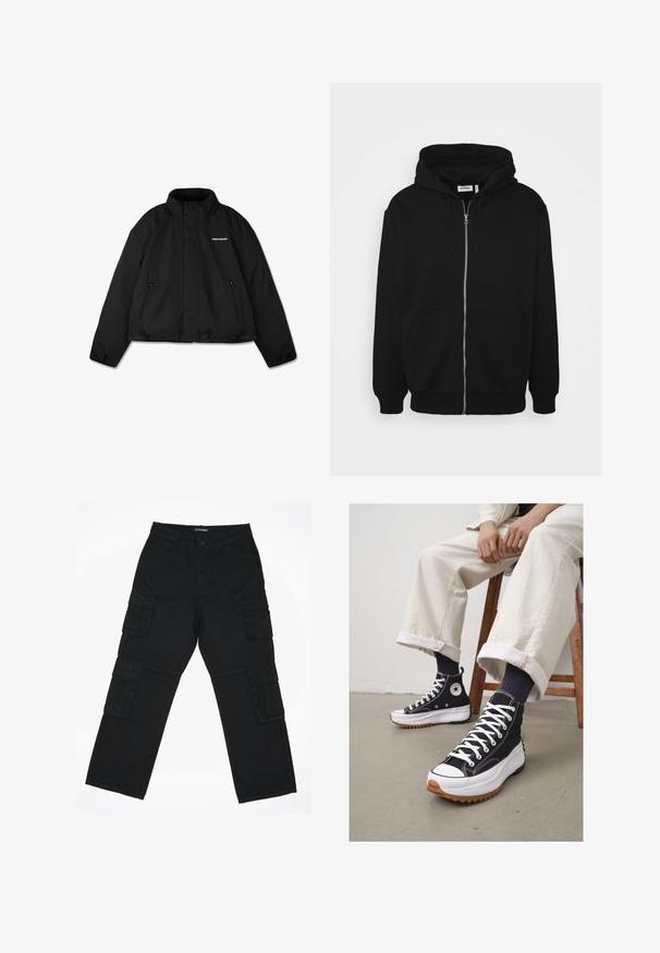 Czarna ocieplana kurtka z wysokim kołnierzem, zapinanymi na zamek kieszeniami bocznymi oraz logiem marki na piersi. Gładkie wykończenie, krótki fason.; Czarna bluza z zamkiem błyskawicznym, ze sznurkiem w kapturze, przednimi kieszeniami, ściągaczami na mankietach oraz gładką fakturą materiału. Wewnętrzna etykieta z logo znajduje się na środku.; Biała bawełniana koszulka z krótkimi rękawami, okrągłym dekoltem, luźnym krojem i bez widocznych logo lub wzorów. Gładka tekstura i minimalistyczny design.; Czarne spodnie cargo wykonane z bawełnianego materiału. Posiadają wiele bocznych kieszeni, prosty krój nogawek oraz zapięcie na guzik w talii.; Czarne sneakersy typu high-top z białymi sznurówkami i gumowym noskiem. Gruba biała podeszwa z teksturowaną brązową podeszwą zewnętrzną, noszone z pasiastymi skarpetami w kolorze granatowym.