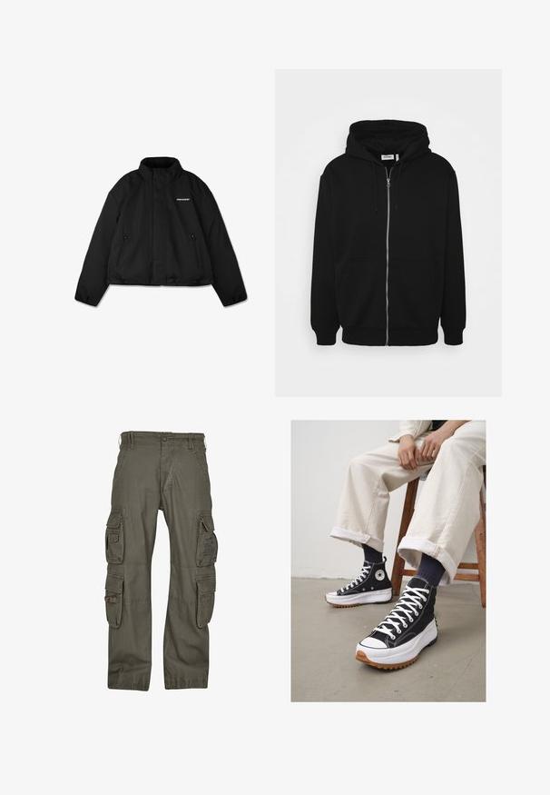 Fekete párnázott dzseki magas gallérral, cipzáras oldalzsebekkel és logóval a mellkason. Simafelszínű, rövidített fazon.; Fekete cipzáras kapucnis pulóver húzózsinórral, elülső zsebekkel, bordázott mandzsettákkal és sima anyagtextúrával. Középső márkázási címke látható belül.; Fehér pamut póló rövid ujjal, kerek nyakú, laza szabású, és nincsenek látható logók vagy minták. Simább textúra és minimalista dizájn.; Olívazöld pamutból készült cargónadrág, több oldalzsebbel, laza szabással és tartósságot növelő megerősített varrásokkal.; Fekete magas szárú tornacipő fehér fűzővel és gumi orral. Vastag fehér talp, texturált barna talppal, tengerészkék csíkos zoknival viselve.